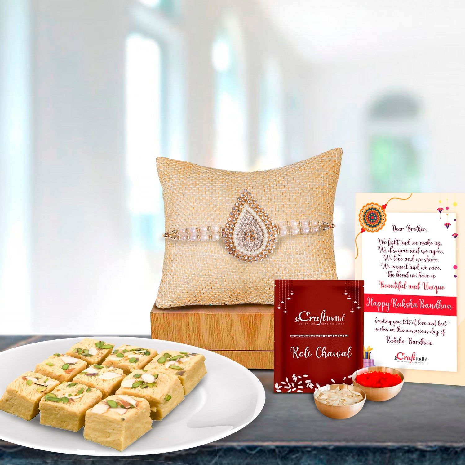 Designer Rakhi with Soan Papdi (500 Gm) and Roli Chawal Pack, Best Wishes Greeting Card