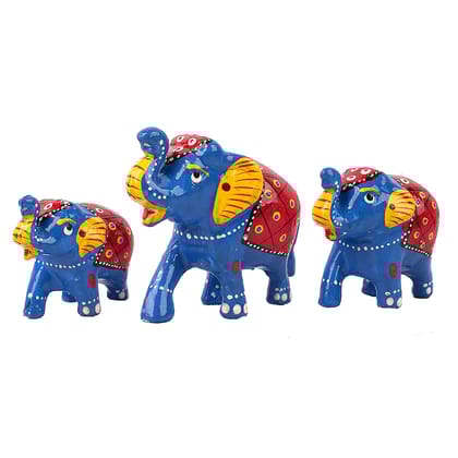 DreamKraft Handcrafted Showpiece Elephant (Set of 3,Blue/Red)