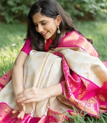 WHITE Banarasi  zari  woven SOFT LICHI SILK SAREE