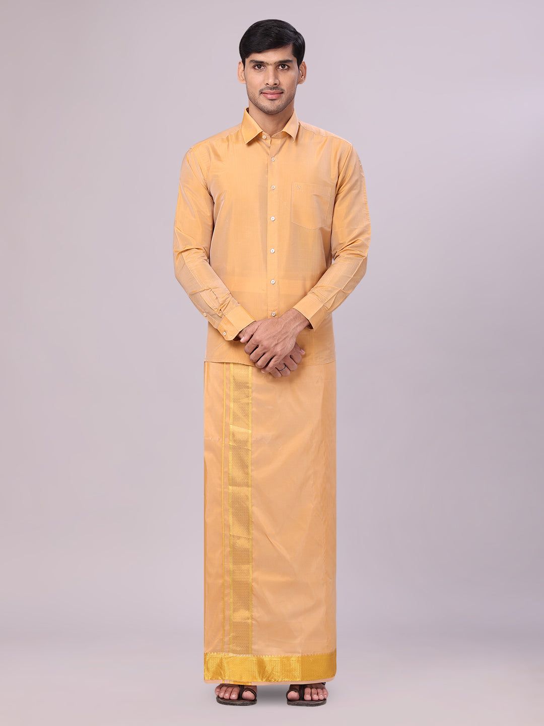 Mens Art Silk Dark Gold Full Sleeves Shirt with 3" Gold Jari Border Dhoti Combo Haldi-36 / F/S / Dark Gold