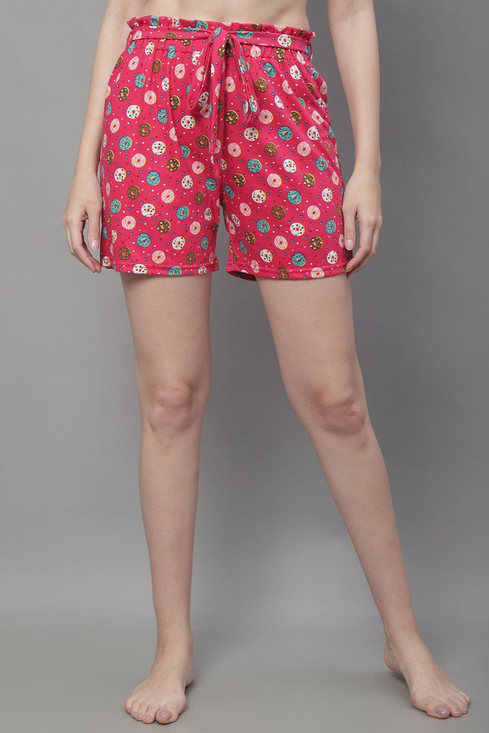Pink Color Abstract Printed Cotton Lounge Shorts-S