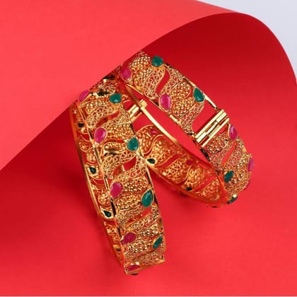 Ruby, Green & Maroon Matt Gold Screw Openable Kada Bangles Set of 2