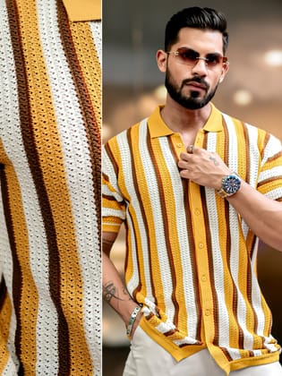 Vertical Stripe FlatKnit Cotton Mustard Shirt-S / Mustard