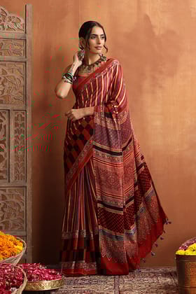 TENAARO  Ajrakh Hand Block Printed Modal Silk Saree (Red25))