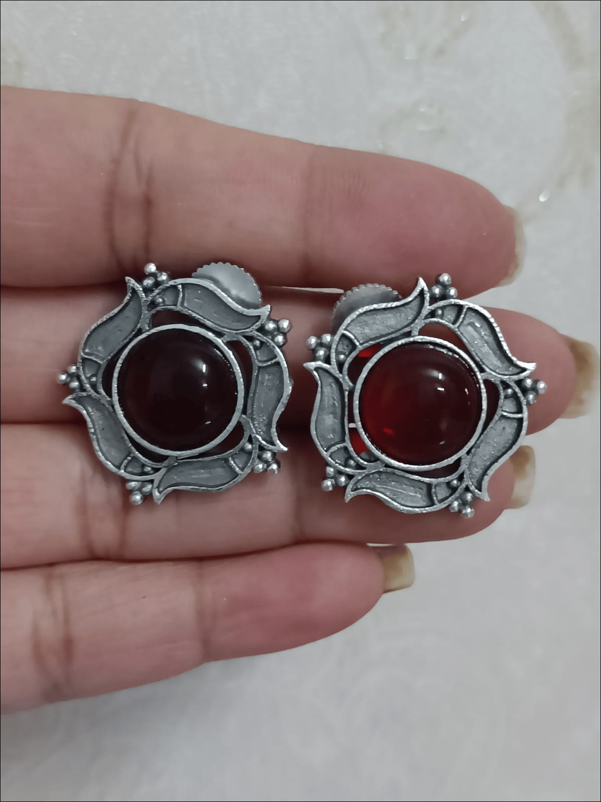 German Silver Stoned Earrings-maroon