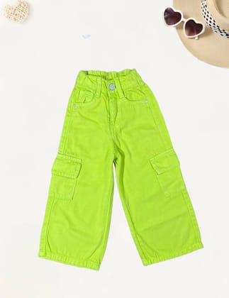 Girls Green Straight Fit Cargo Jeans [GJ-956] (3-14Years)-3-4Y (Size - 22) / Green / Denim