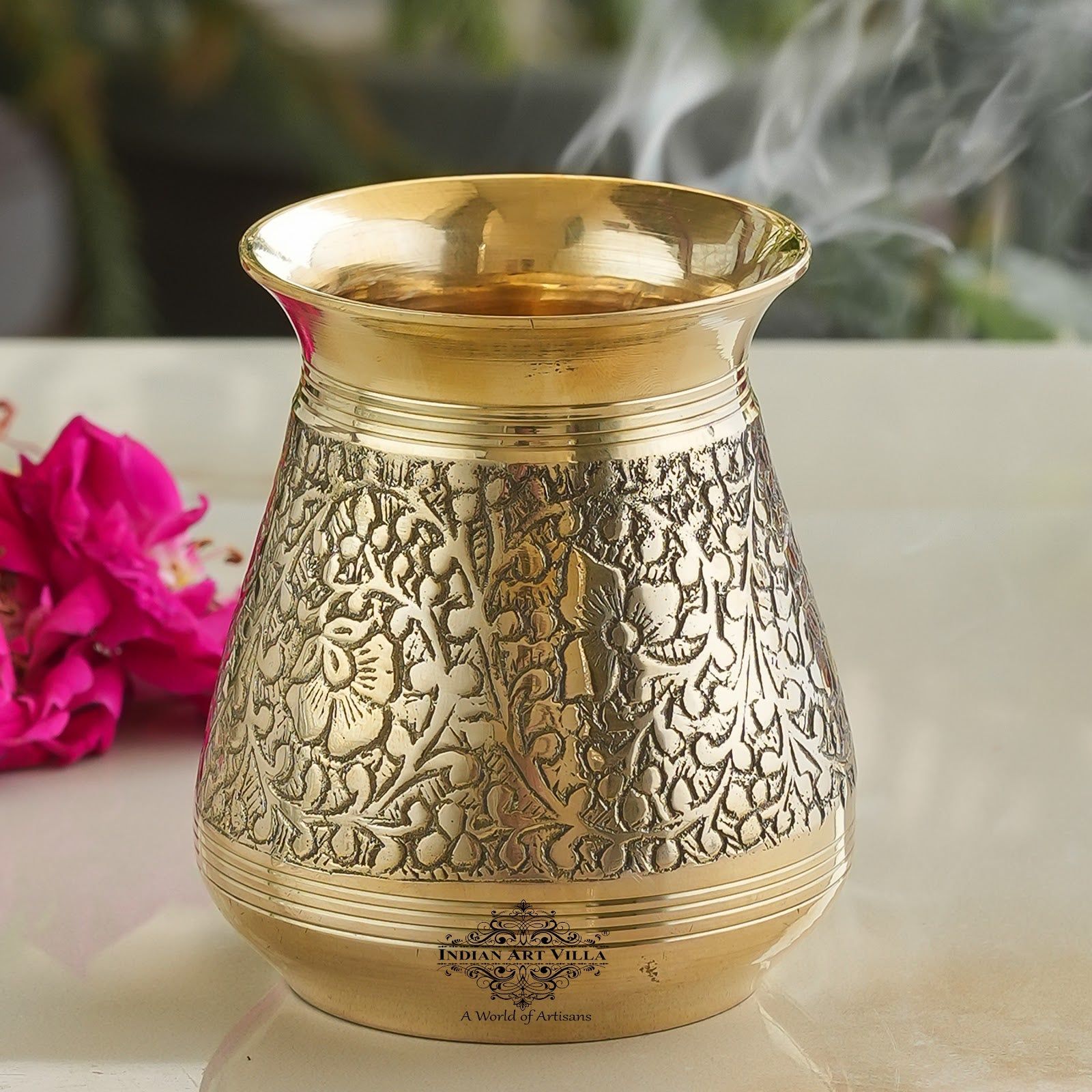 Indian Art Villa Pure Brass Glass Parsi Lota Embossed Design, Spiritual Item, 200 ML-300ml