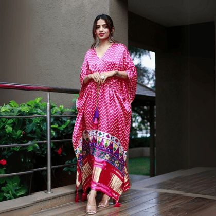 White Zigzag Designing Pink Kaftan with Latkan by GlamaStitch-Free Size Up To XXL-44