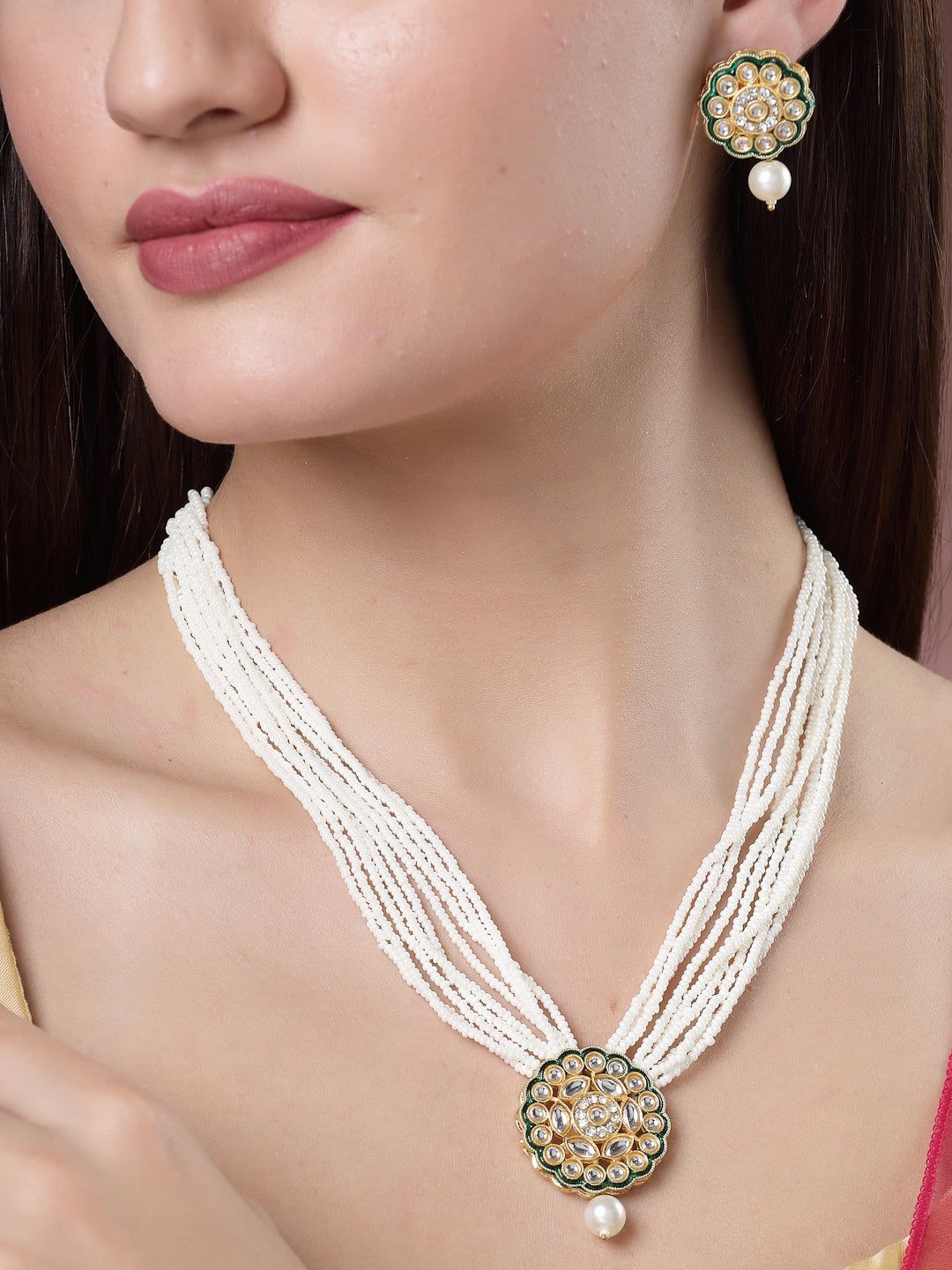NVR Women White & Gold-Plated Kundan & Pearl Jewellery Set-Onesize / White / Alloy