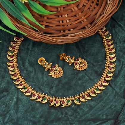 Gold-Plated Necklace & Earrings Set with Red and Green Stones - Traditional Jewelry for Women
