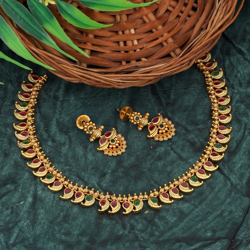 Gold-Plated Necklace & Earrings Set with Red and Green Stones - Traditional Jewelry for Women