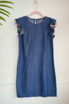 Denim Frill Sleeves Short Dress-XS