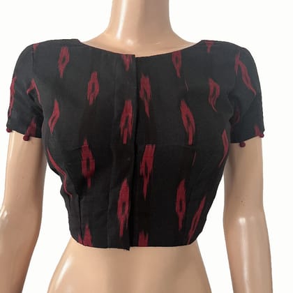 Ikat Cotton Boat neck Blouse with V neck Back & Potli Button Details  Black,  BI1164-S