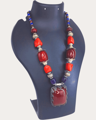 Antique Silver Oxidised Maroon Beads Necklace for Women and Girls-SQUARE