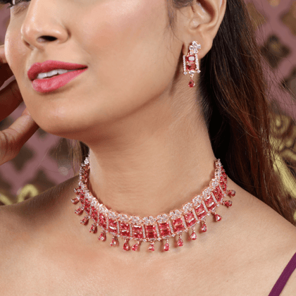 Rose Gold Plated Red American Diamond Studded Necklace Set