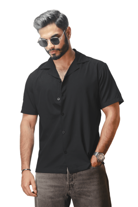 Cuban Collar Black Shirt-L