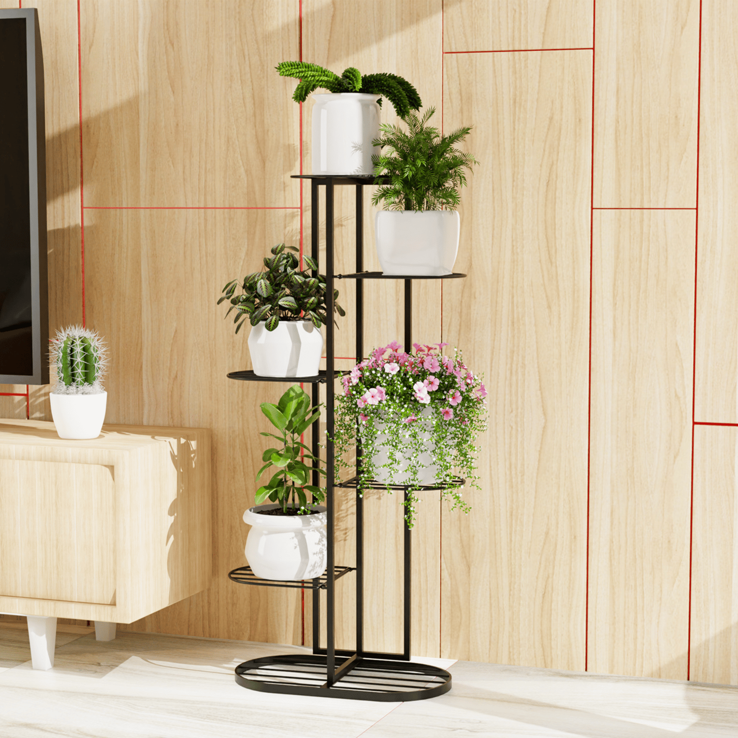 MURRANO  Multi-Tiered Plant Stand for Balcony (Black) | Planter Stand for Living Room 7 Pot Holders (Easy to assemble, installation kit included)-Black
