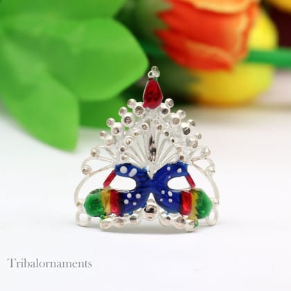 Baby krishna crown or mukut fabulous enamel peacock design solid silver handmade idol krishna mukut gifting crawling krishna jewelry su527