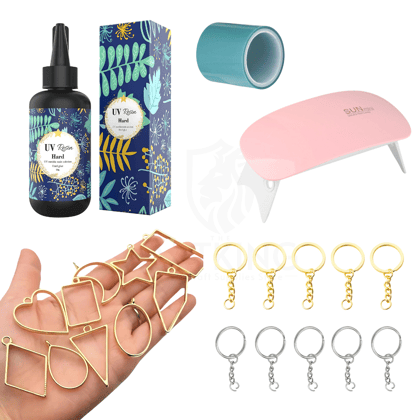 50g UV Resin Keychain & Jewelry Craft Kit – Complete DIY Set with UV Resin, Curing Light, silver metal Bezels, Keychains & Tape