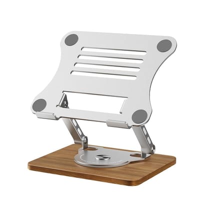 (Grey) Metal Laptop Stand | Mechanical Base Adjustable Height Notebook Stand | Compatible Portable Desktop Bamboo Aluminum and Wooden Portable Laptop Stand with 360 Rotating Lifting Base Holder