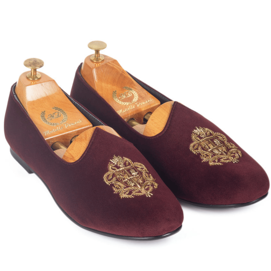 Royal Crest©️ Velvet Juttis (Wine)(Patent Copyright Artwork)-EU 40 / UK 6 / Wine