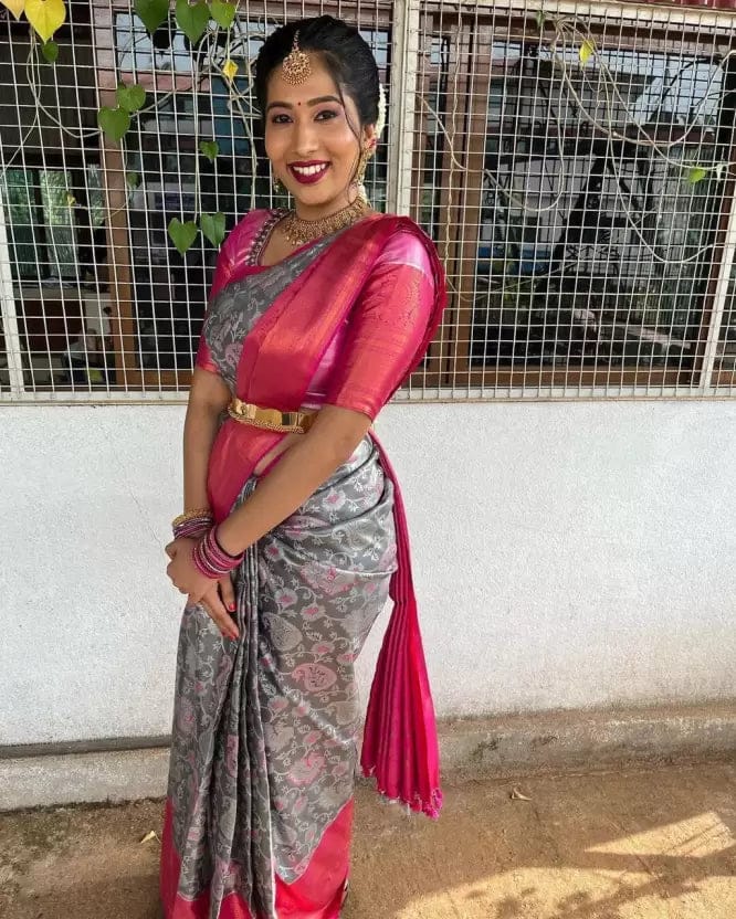 Grey Attractive Embroidered Designer Banarasi Saree