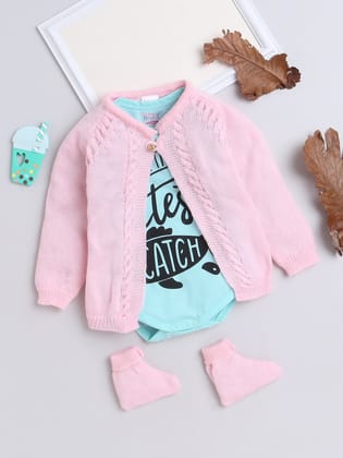 Wooden Button Front Open Pink Color Knitted Baby Sweater Jacket Set with matching Socks and stylish Cotton blue color Onesie-0-3 M / Pink / Blue / Baby Wool - Pilbloc Acrylic Yarn