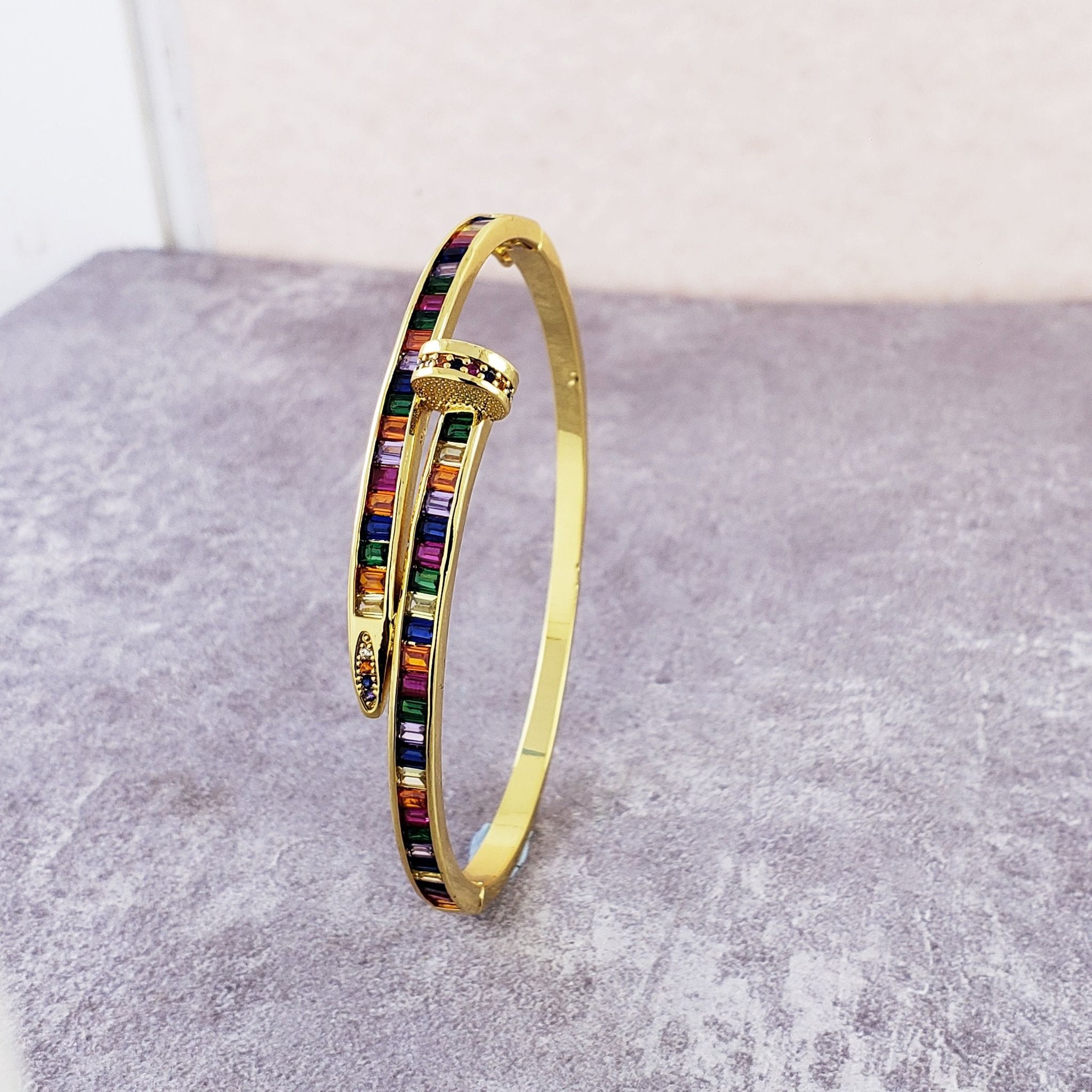 Rainbow Nail American Diamond Crystal Gold Openable Kada Bangle For Women