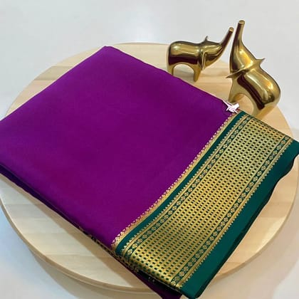 Exclusive  Zari Border Purple nd Green  Colour Plain Mysore Silk Saree-Purple / Silk / Crepe