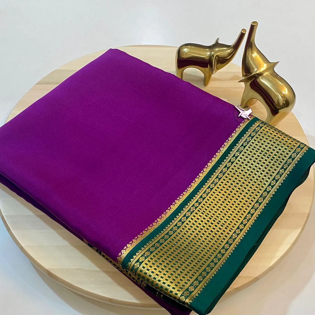 Exclusive  Zari Border Purple nd Green  Colour Plain Mysore Silk Saree-Purple / Silk / Crepe