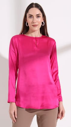 Womens Premium Summer Satin Magenta Mandarin Collar Button Tunic-S / MAGENTA