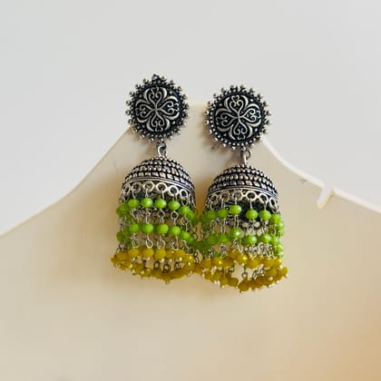 Silver Tone Yellow Green Jhumka Earrings-Yellow Grren