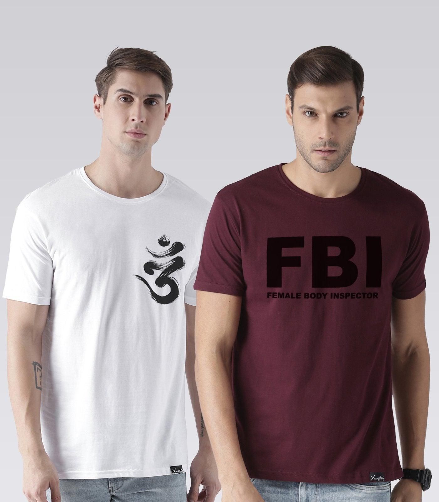 Young Trendz Mens Combo Ommtrisul White Color and Fbi Maroon Color Half Sleeve Printed T-Shirts-White/Maroon / Medium / 100% Bio Wash Cotton