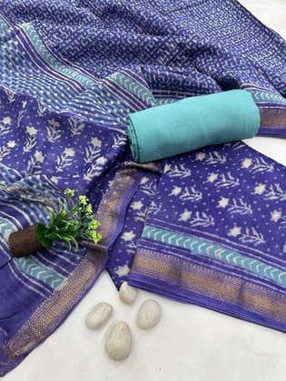 Hand Block Bagru Printed Maheshwari Border Silk Suit Set.