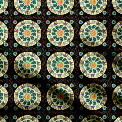 Elephant motifs mandala Print Fabric-Cotton