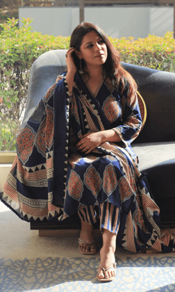 Cotton Blue Geometric Ajrakh Print Suit with Cotton Printed Dupatta-XXS