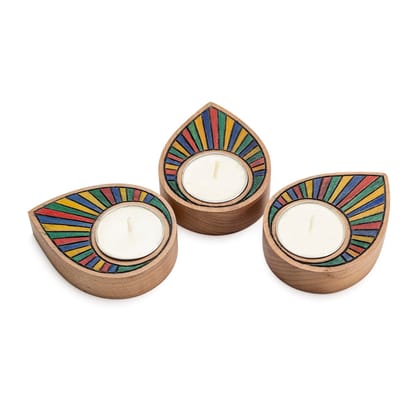 Block Carved Wood Stained T-light Holder Set of 3-3.25 inches x 2.5 inches x 0.6 inches / Steam Beech Wood