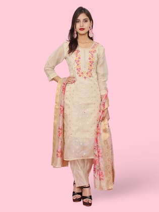 Women's Silk Kurta-Pant, and Dupatta Set-Beige / L