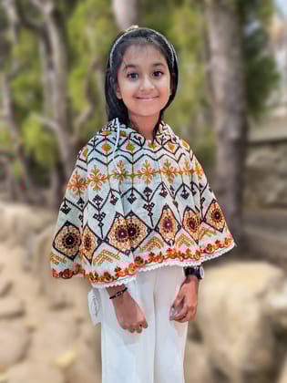 Green Fancy Embroidered Hoodie Poncho Top For Baby Girls-0-3 yrs
