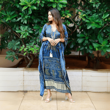 Occasionally and Attractive Navy Blue Digital Bandhej Kaftan by GlamaStitch-Free Size Up To XXL-44