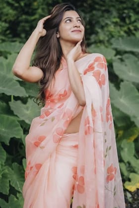 Peach Blossom Hand-Painted Pure Organza Saree with White Sequin Floral Motifs & Modal Satin Blouse-Regular