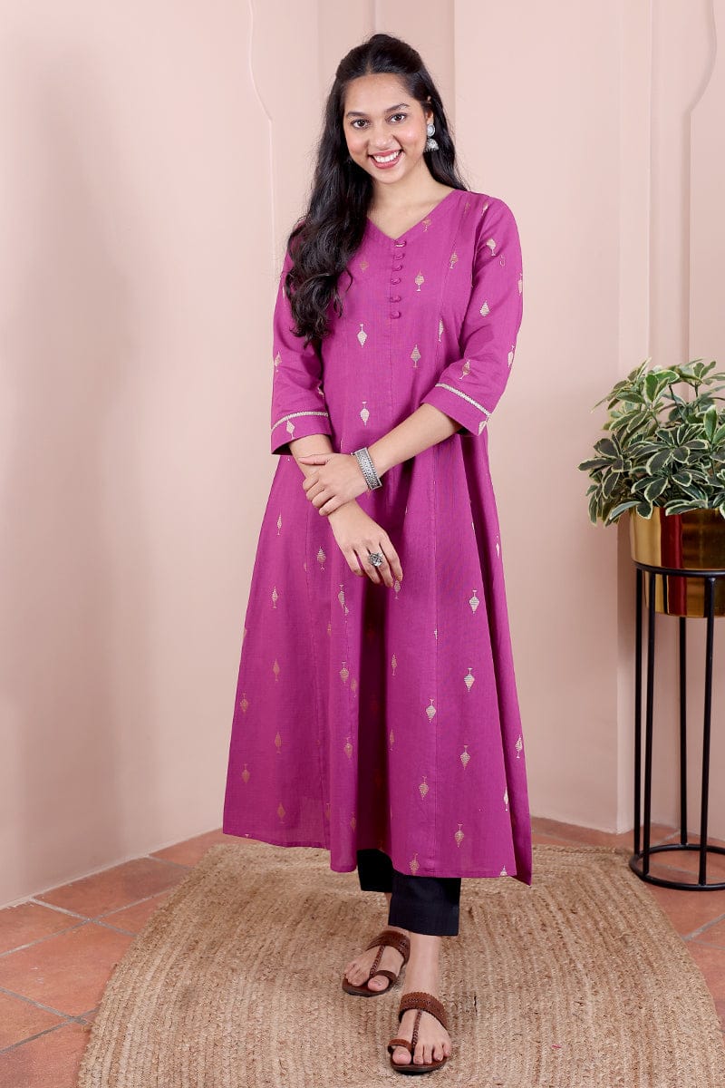 Magenta Zari Buti South Cotton Women Ankle Kurta Long Sleeves WAKLS10244-S
