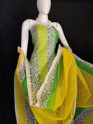 Idyllic Kota Doria Yellow Blockprinted Suit (Top+Dupatta+Bottom)