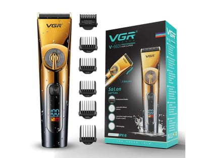 VGR V-663 Professional Hair Clipper, Digital Display, Ceramic & Titanium blades, Fully Waterproof Trimmer 200 min Runtime 11 Length Settings (Gold)