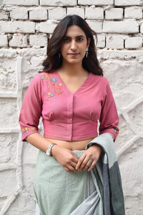 Rangsutra Cheenth Pink Fitted Blouse With Pucca Embroidery-XS