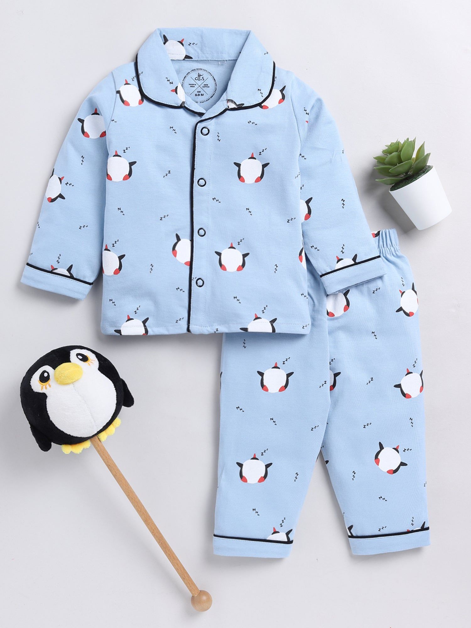 Penguin Print Blue Full Sleeve Nightwear Set-6-9 m