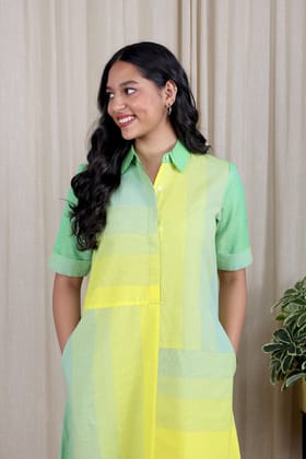 Citrus Green Stripe Panel South Cotton Women Midi Dress Long Sleeves WDRLS251C2-S