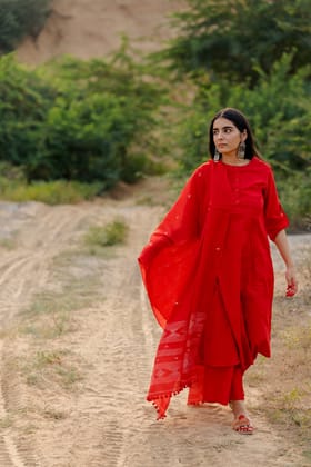 Vivid Red Kurta Set-XXL