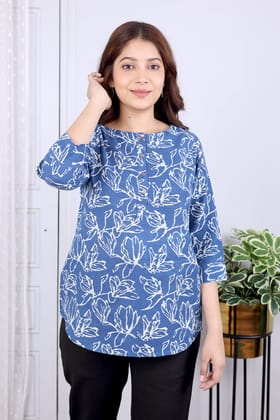 Indigo Dhabu Cotton Viscose Flax Women Kurti Long Sleeves WKILS022421-XL