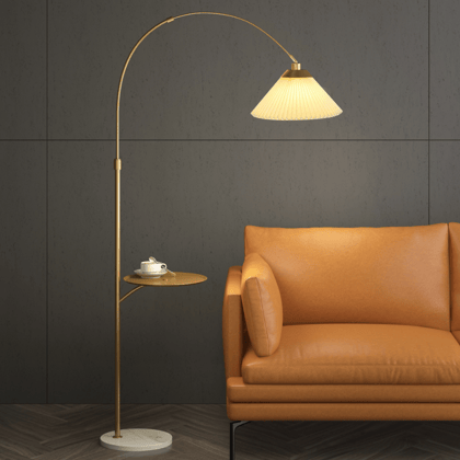The Bay Area Arc Shaped Floor Lamp and Accent Table-Height - 70 Inches & Width - 8 Inches / Base - Marble, Body & Table Top - Stainless Steel / Available